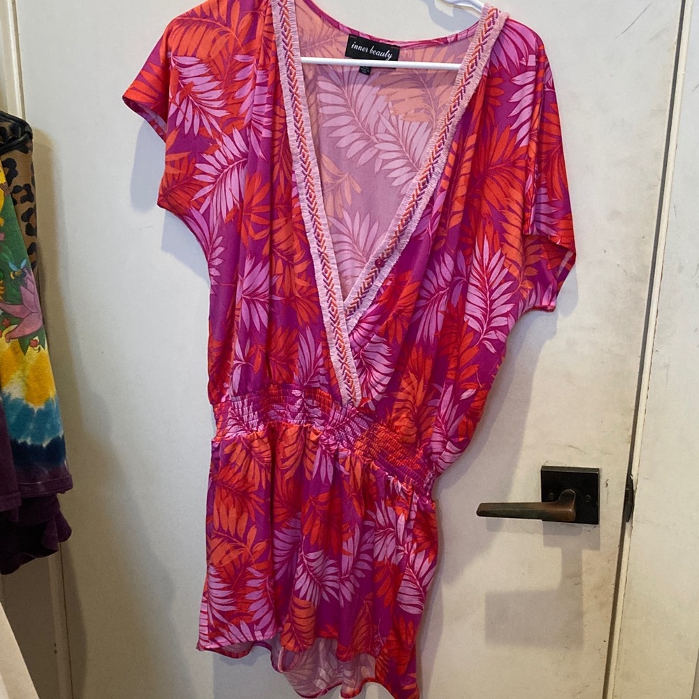 Pink and Orange Leaf Print V-Neck Dress
